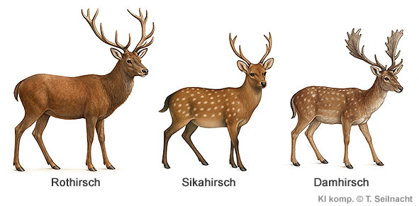 Rothirsch, Sikahirsch und Damhirsch im Vergleich