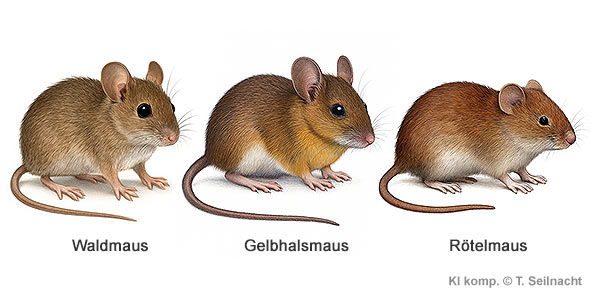 Waldmaus, Gelbhalsmaus und R&ouml;telmaus im Vergleich