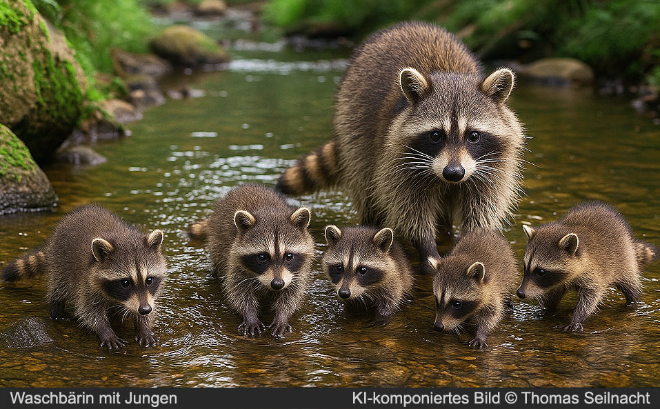Waschb&auml;rin mit Jungen in einem Bach